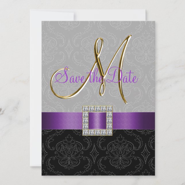 Purple Black Damask Gold Initial Save the Date (Front)