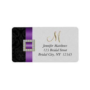Purple Black Damask Gold Initial Wedding RSVP Label
