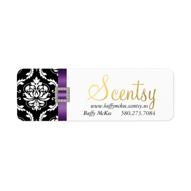 Purple Black Damask Label 2 Return Address Label (Front)