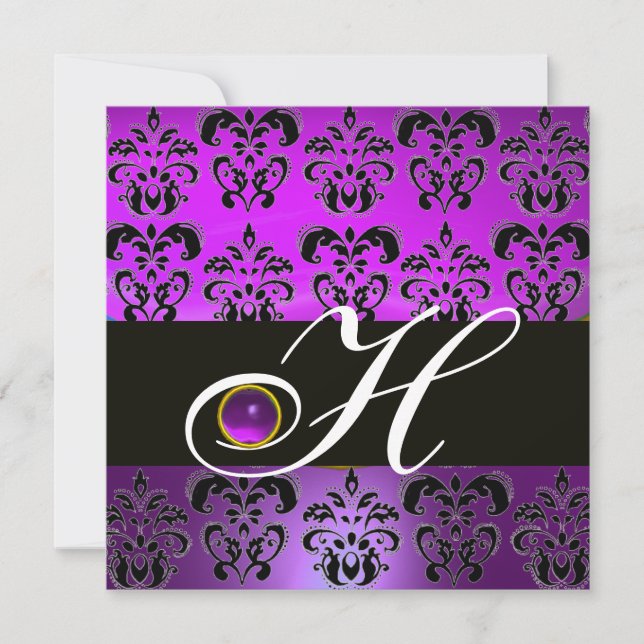 PURPLE BLACK DAMASK MONOGRAM AMETHYST INVITATION (Front)