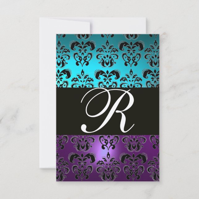 PURPLE BLACK DAMASK MONOGRAM RSVP ,blue turquase Invitation (Front)