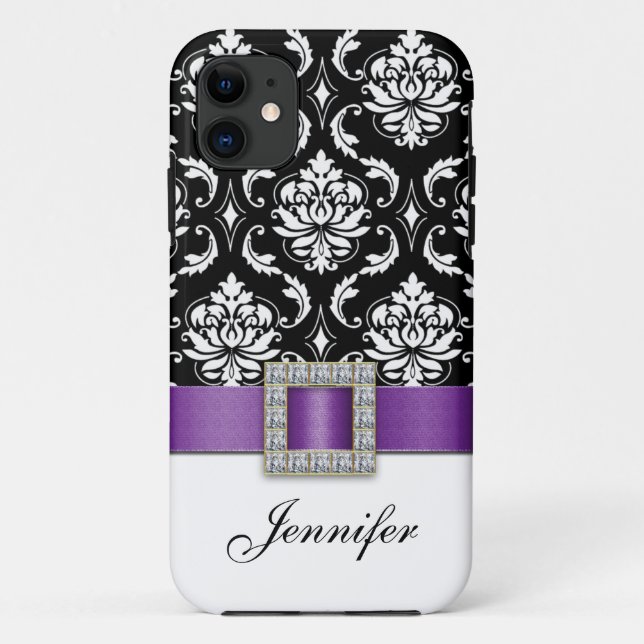 Purple Black Damask Printed Ribbon Jewel Case-Mate iPhone Case (Back)
