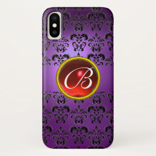 PURPLE BLACK DAMASK RED RUBY GEM MONOGRAM iPhone X CASE