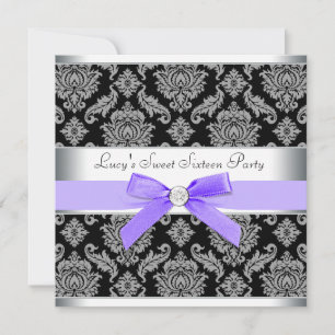Purple Black Damask Sweet 16 Birthday Party Invitation