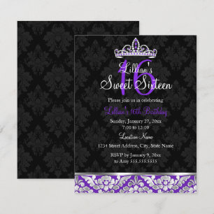 Purple Black Damask Tiara Sweet 16 Invite