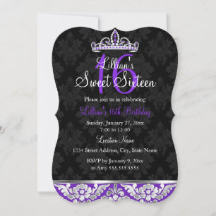 Purple Black Damask & Tiara Sweet 16 Invite