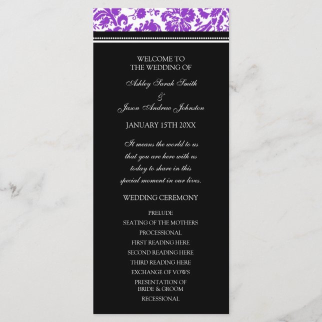 Purple Black Damask Wedding Program (Front)