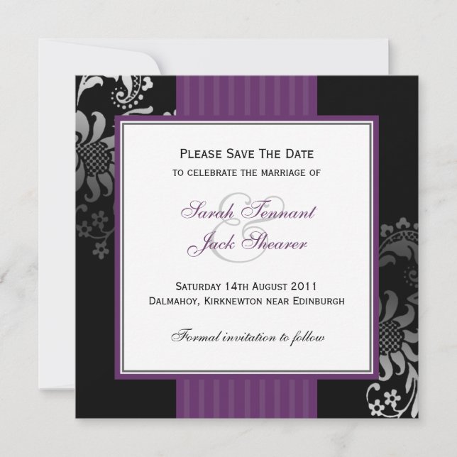 Purple & Black Damask Wedding Save the Date (Front)