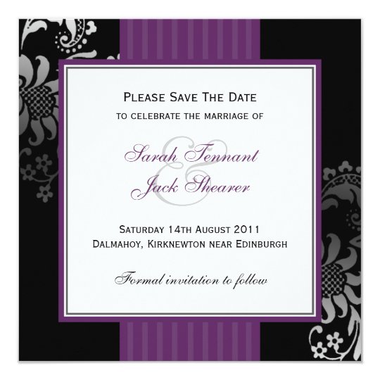 Purple & Black Damask Wedding Save the Date Card
