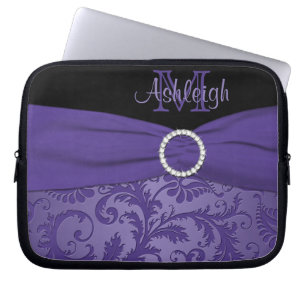 Purple Black Damask with FAUX Ribbon Laptop Sleeve