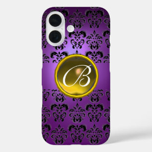 PURPLE BLACK DAMASK YELLOW GEMSTONE MONOGRAM iPhone 16 CASE