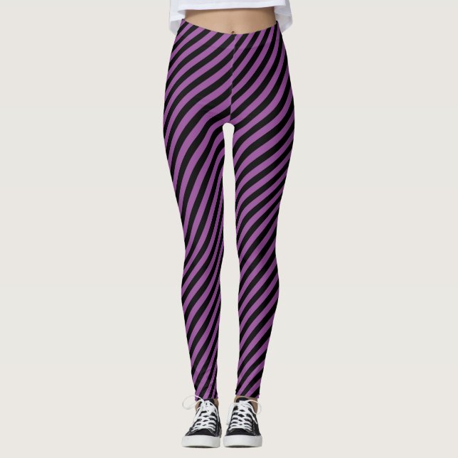 Purple Black Diagonal Stripe Pattern Leggings (Front)