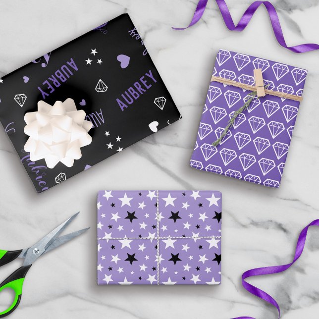 Purple Black Diamonds Hearts Stars Add Name Wrapping Paper Sheet (Creator Uploaded)