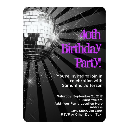 Purple/Black Disco Ball 40th Birthday Party Card
