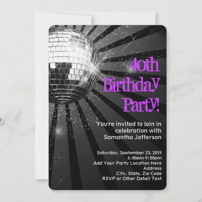 Purple/Black Disco Ball 40th Birthday Party Invitation (Front)