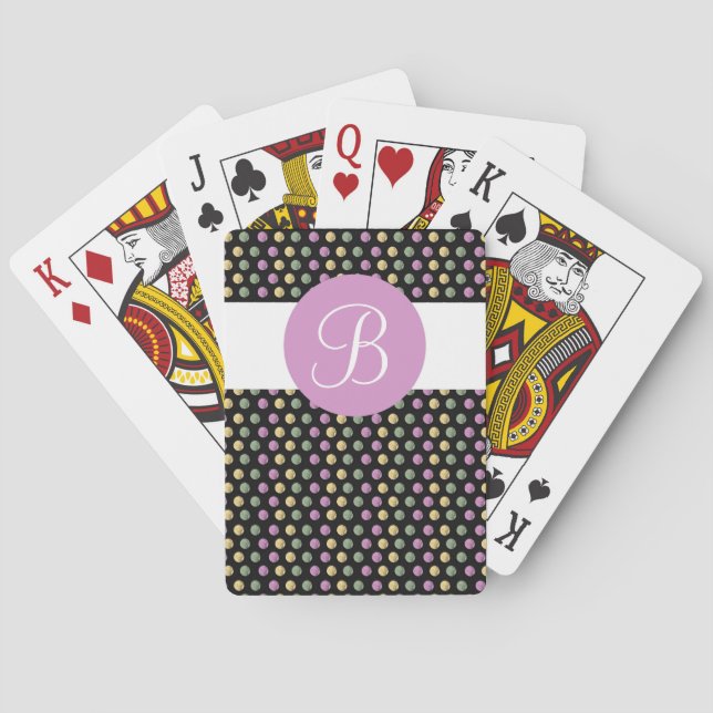 Purple black dots custom monogram playing cards (Back)