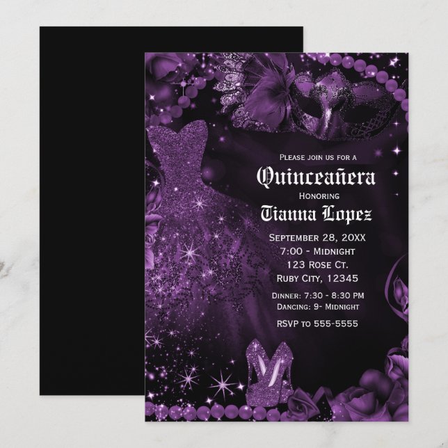 Purple Black Dress Masquerade Quinceañera 15 Party Invitation (Front/Back)