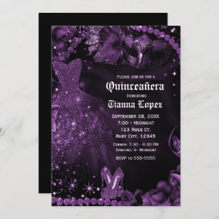 Purple Black Dress Masquerade Quinceañera 15 Party Invitation