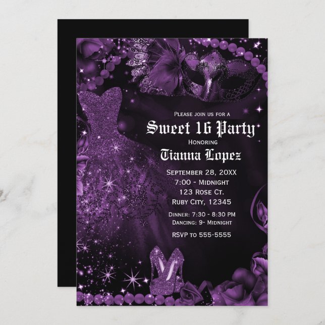 Purple Black Dress Masquerade Sweet 16 Birthday  Invitation (Front/Back)