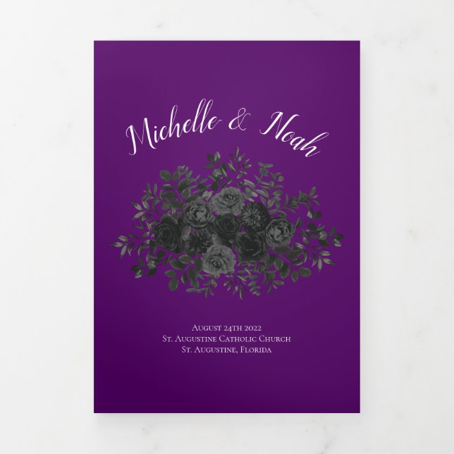 Purple Black Elegant Rose Gothic Wedding Tri-Fold Programme (Cover)