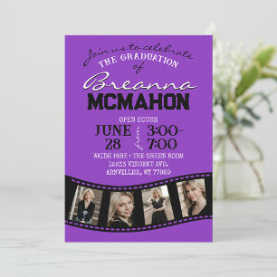 Purple & Black Filmstrip 5 Photo Graduation Invitation