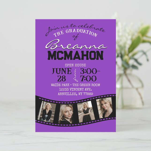 Purple & Black Filmstrip 5 Photo Graduation Invitation (Creator Uploaded)
