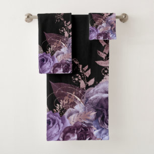 PURPLE BLACK FLORAL BOTANICAL BATHROOM TOWEL SET