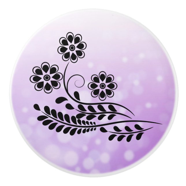 Purple Black Floral Design Ceramic Knob (Front)