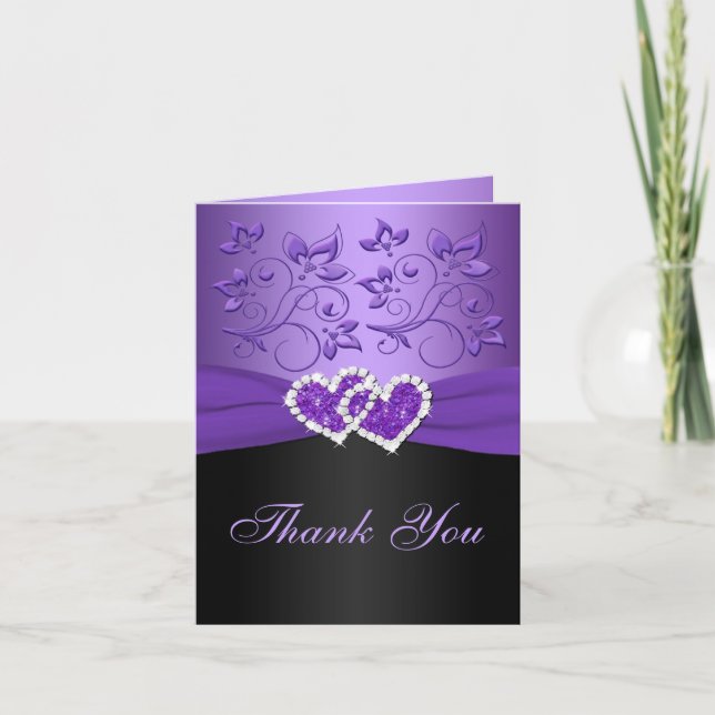 Purple Black Floral Joined Hearts Thank You Card (Front)
