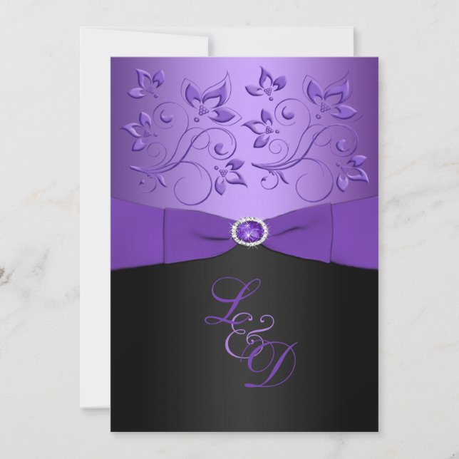 Purple, Black Floral Monogram Wedding Invite (Front)