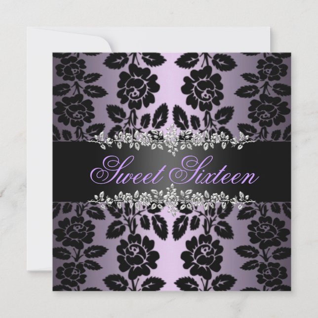 Purple & Black Floral Sweet 16 Birthday Invitation (Front)