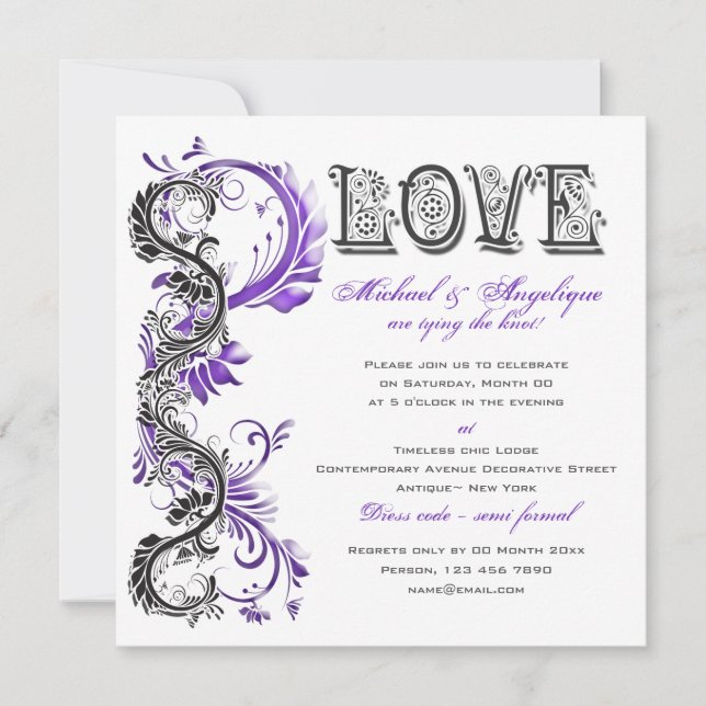 Purple black floral swirl engagement invitation (Front)