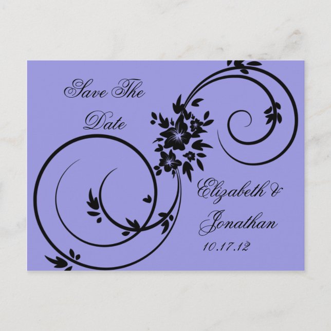 Purple Black Floral Swirls Save The Date Announcement Postcard (Front)