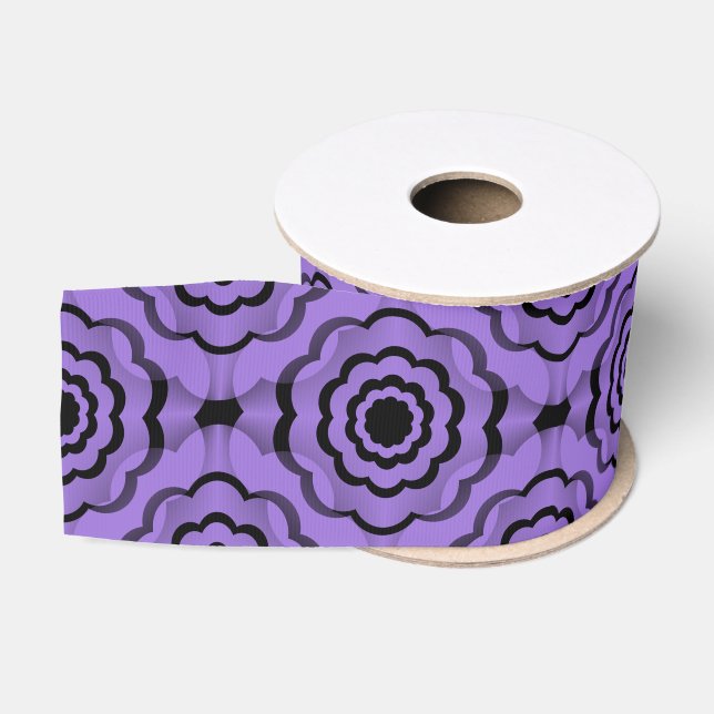 Purple Black Flower Seamless Pattern Grosgrain Ribbon (Spool)