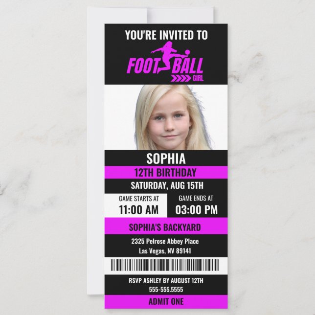 Purple Black Football Ticket Birthday Photo Invita Invitation (Front)