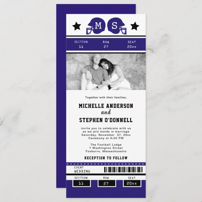 Purple Black Football Ticket Wedding Invite (Front/Back)
