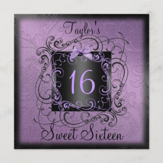 Purple & Black Frame Sweet16 Birthday Invite