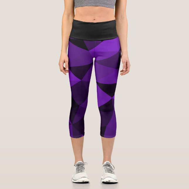 Purple black geometric mesh pattern capri leggings (Front)