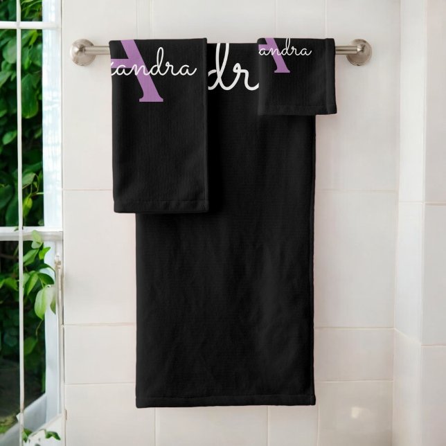 Purple Black Girly Script Monogram Name Bath Towel Set (Creator Uploaded)