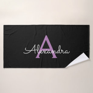 Purple Black Girly Script Monogram Name Modern Bath Towel