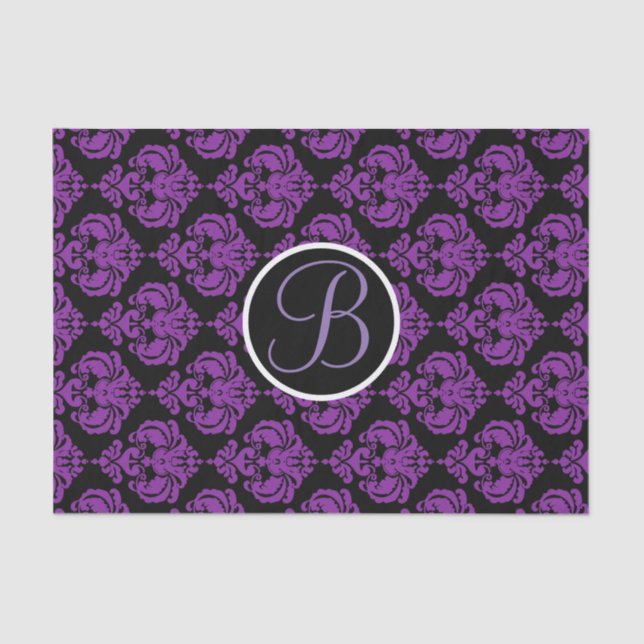 Purple & Black Glam Damask Monogram Letter Initial Tissue Paper (Front)