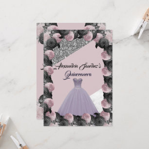 Purple & Black Glitter Floral Quinceanera Invitation