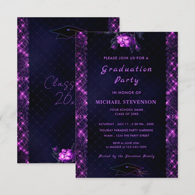 Purple Black Glitter Graduation Invitation Example (Front/Back)