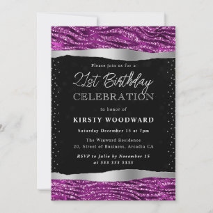 Purple & Black Glitter Tiger Stripes 21st Birthday Invitation