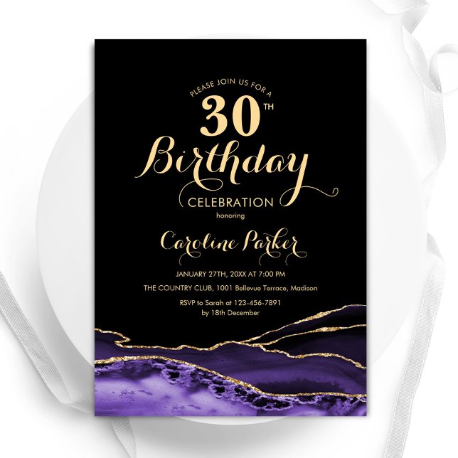 Purple Black Gold Agate 30th Birthday Invitation (Creator Uploaded)