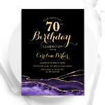 Purple  Black Gold Agate 70th Birthday Invitation<br><div class="desc">Purple,  black and gold agate 70th birthday party invitation. Elegant modern design featuring watercolor agate marble geode background,  faux glitter gold and typography script font. Trendy invite card perfect for a stylish women's bday celebration. Printed Zazzle invitations or instant download digital printable template.</div>