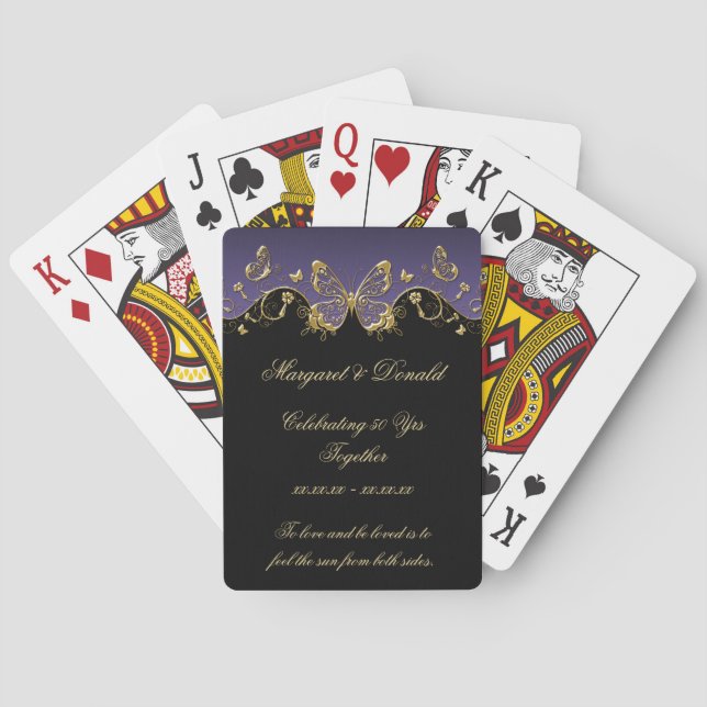 Purple Black Gold Butterflies 50th Wedding Playing Cards (Back)