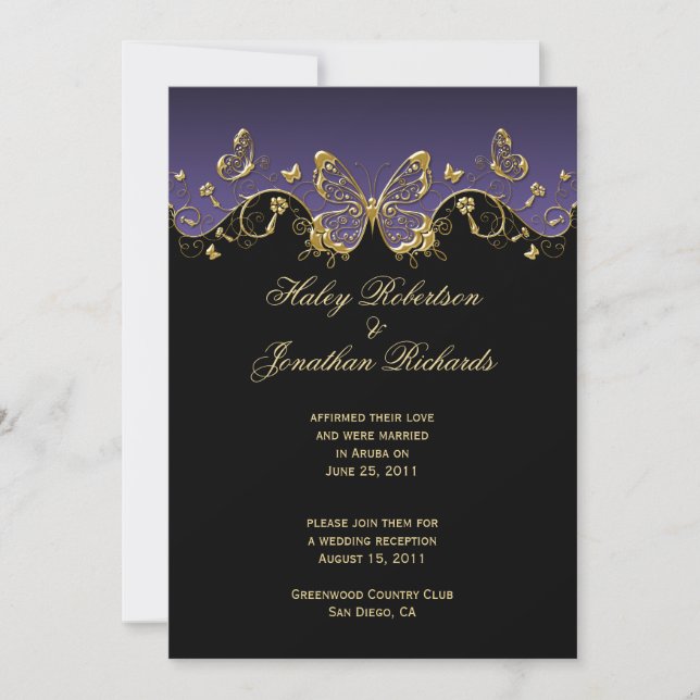 Purple Black Gold Butterflies Post Wedding Invitation (Front)