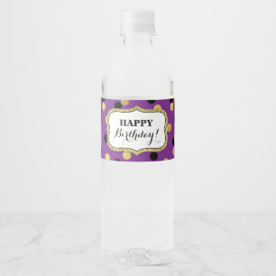 Purple Black Gold Confetti Happy Birthday! Water Bottle Label
