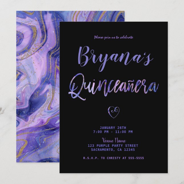 Purple Black Gold Marble Chic Glam 15 Quinceañera  Invitation (Front/Back)